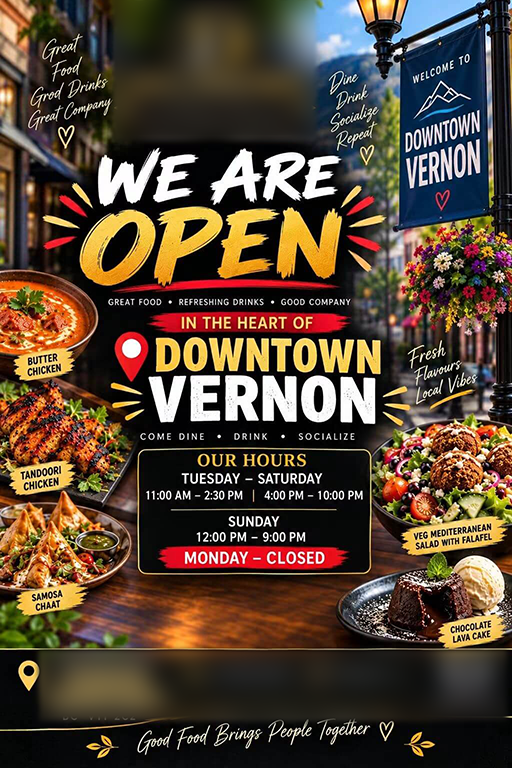 A restaurant 'We Are Open' ad with a dark background and gold lettering, showing several dishes of food that appear to be AI-generated. The business name and contact details are blurred.