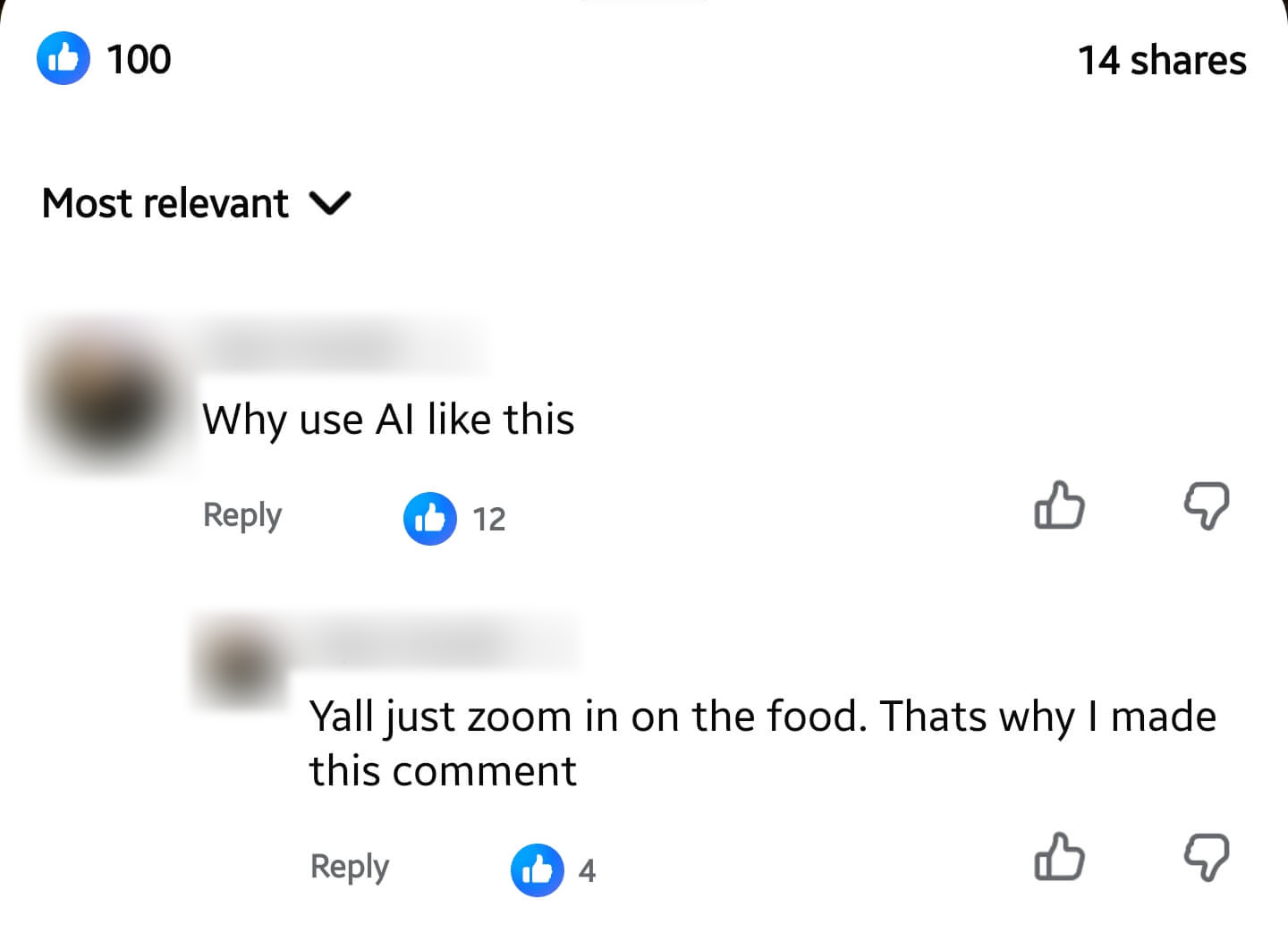 Screenshot of the top Facebook comment on the post, 'Why use AI like this', with 12 likes and a reply. Commenter names and photos are blurred.