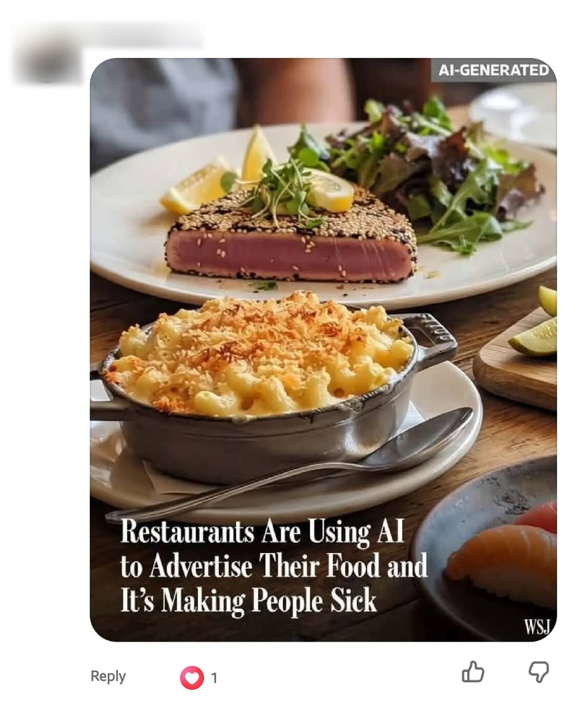 Screenshot of a comment with an image labeled AI-generated, showing food photos under a mock news headline about restaurants advertising with AI food. Commenter name and photo are blurred.